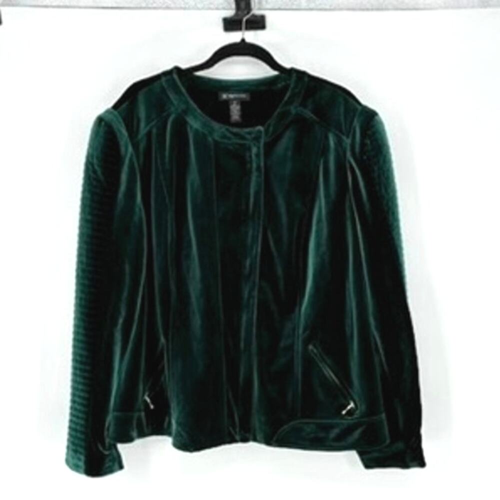 Women's Emerald Green Velvet Cropped Full Zip Moto Jacket - Plus Size 3X